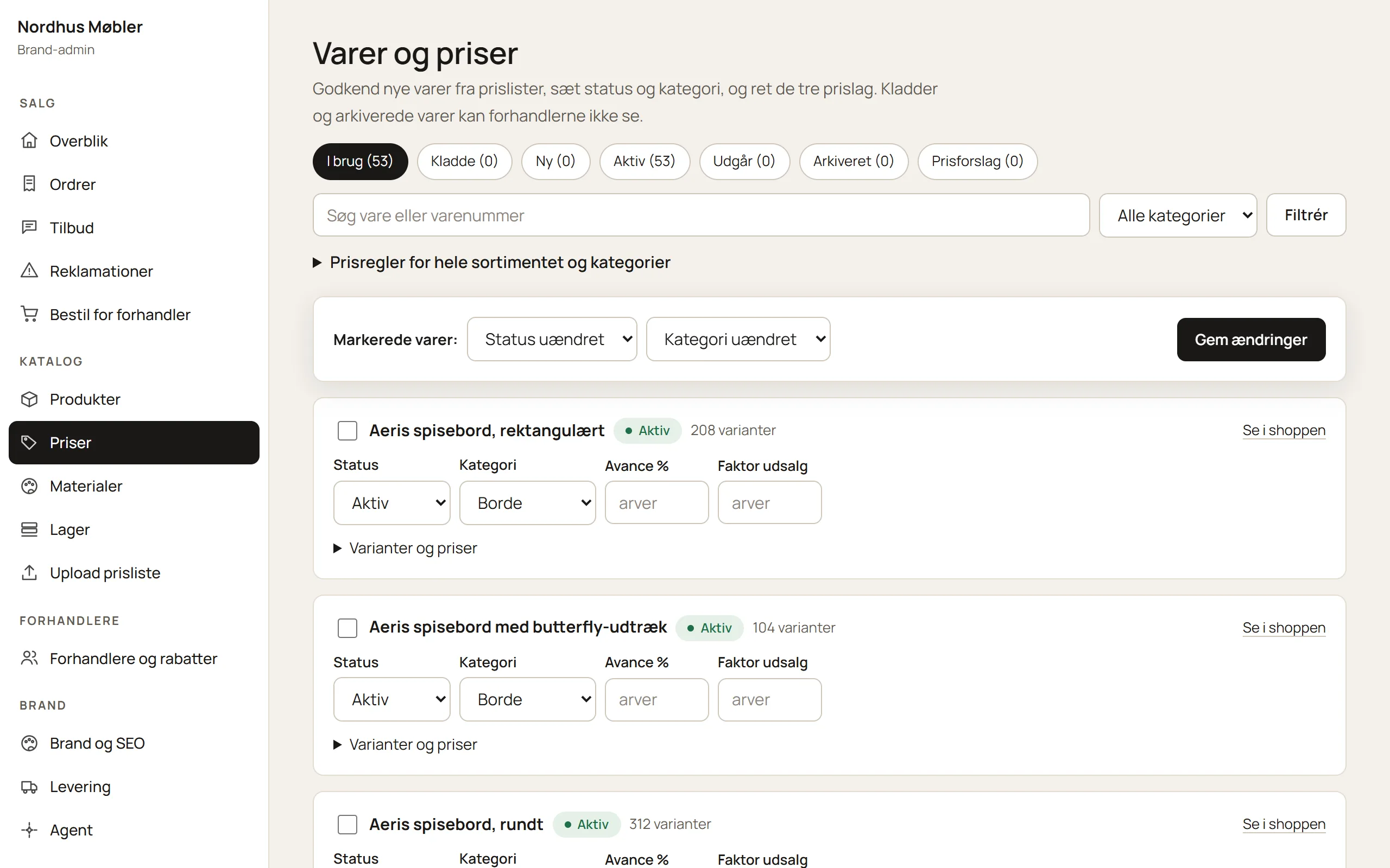 Prismatrixen, hvor nye varer og prisændringer godkendes
