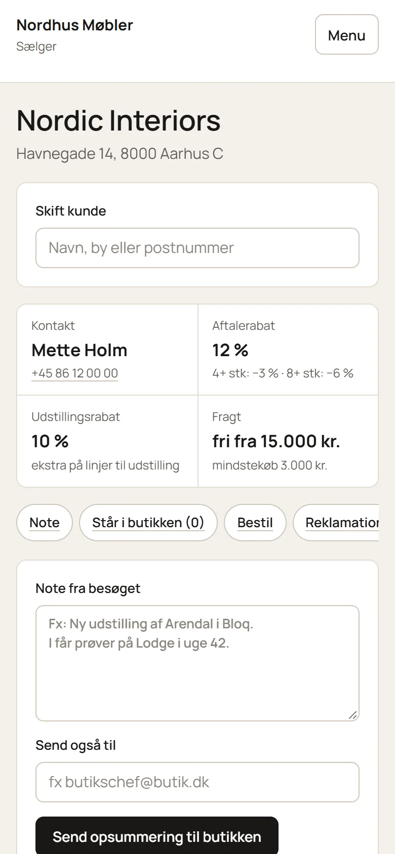 Sælgerens side hos en butik på mobilen